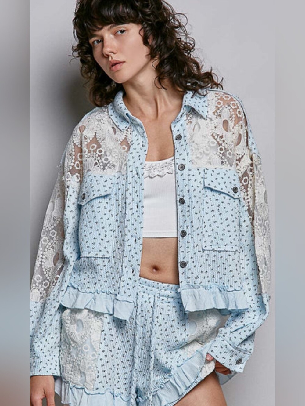 POL Light Blue Lace-Trim Shacket with Matching Shorts